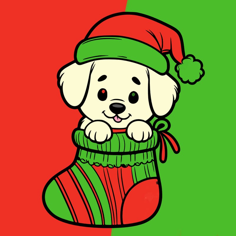 cute puppy wearing santa hat in socking