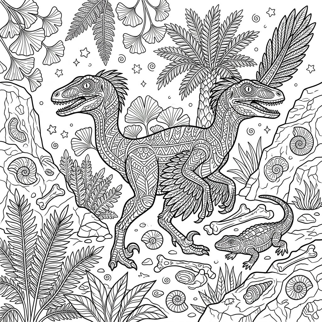 Intricate Velociraptor Adult Coloring Page - Prehistoric Fun
