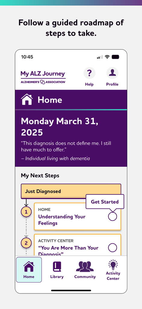 My ALZ Journey - My ALZ Journey app home screen showing a guided roadmap for individuals recently diagnosed with dementia