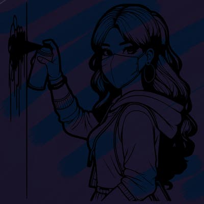 realistic girl with mask spray painting a wall