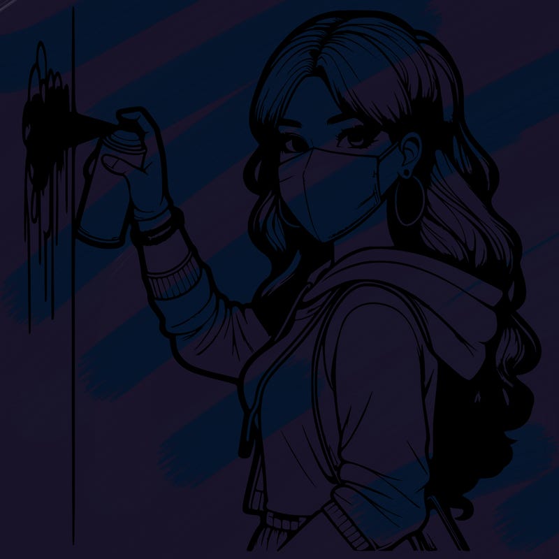 realistic girl with mask spray painting a wall