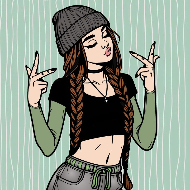 realistic teenage girl with braids and a beanie and crop top doing 🫶🏼