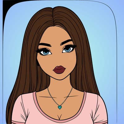 “create a highly detailed illustration of a young woman with long, straight hair that is neatly parted in the middle, cascading over her shoulders. focus closely on capturing the subtle facial features: almond-shaped eyes with soft but defined eyelashes, arched eyebrows, a small, slightly upturned nose, and full, glossy lips. include fine details such as the natural contours of her cheeks and jawline. she is wearing a fitted t-shirt and a delicate necklace with a small heart-shaped pendant. the background is plain and untextured to emphasize the intricate details of her face and hair. ensure the shading and line work reflect the realism of her expression and proportions.”