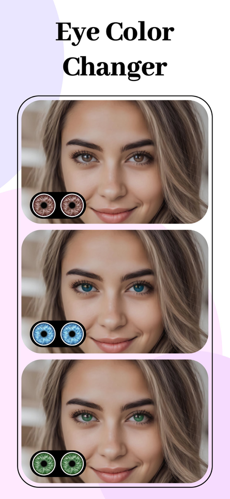 Eye Color Changer -Enhance Eye - A portrait comparison showing a woman with different eye colors including brown blue and green
