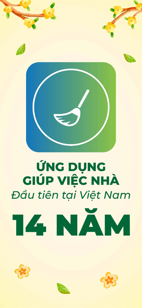 JupViec app intro screen with broom logo and text highlighting 14 years of experience in home services