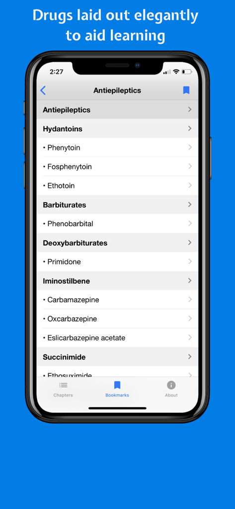 Classify Rx for pharmacology - Mobile app screen displaying a list of antiepileptic drug classifications