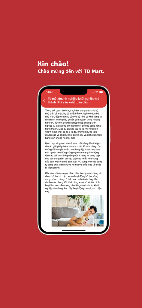 Thai Duong Mart - Introduction screen of Thai Duong Mart app displaying brand history in Vietnamese and a lifestyle photo
