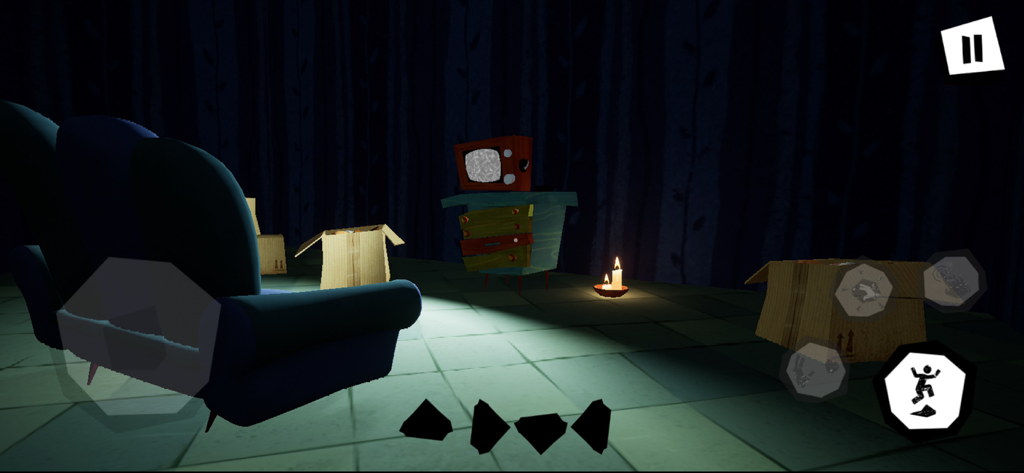 Gameplay screenshot of Hello Neighbor showing a dark room with an armchair and lit candle