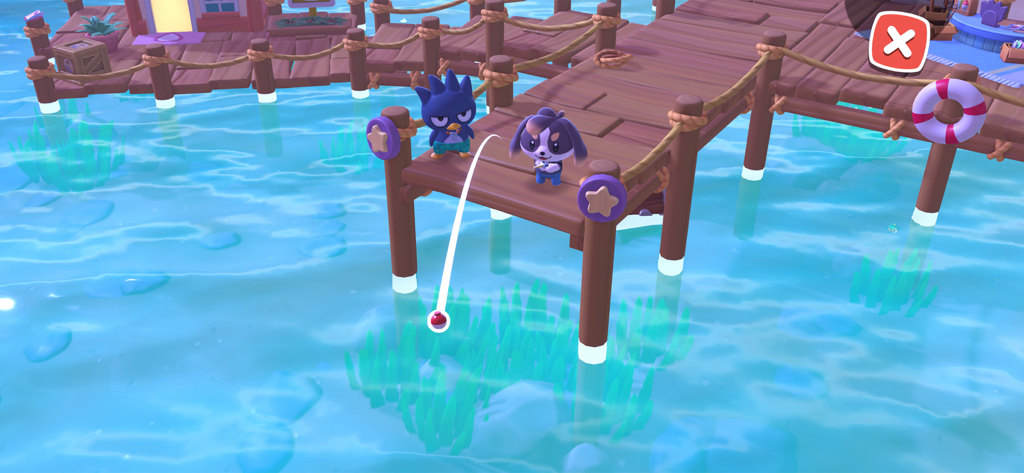 Hello Kitty Island Intro - Badtz-Maru y un personaje del jugador pescando desde un muelle de madera sobre agua azul clara