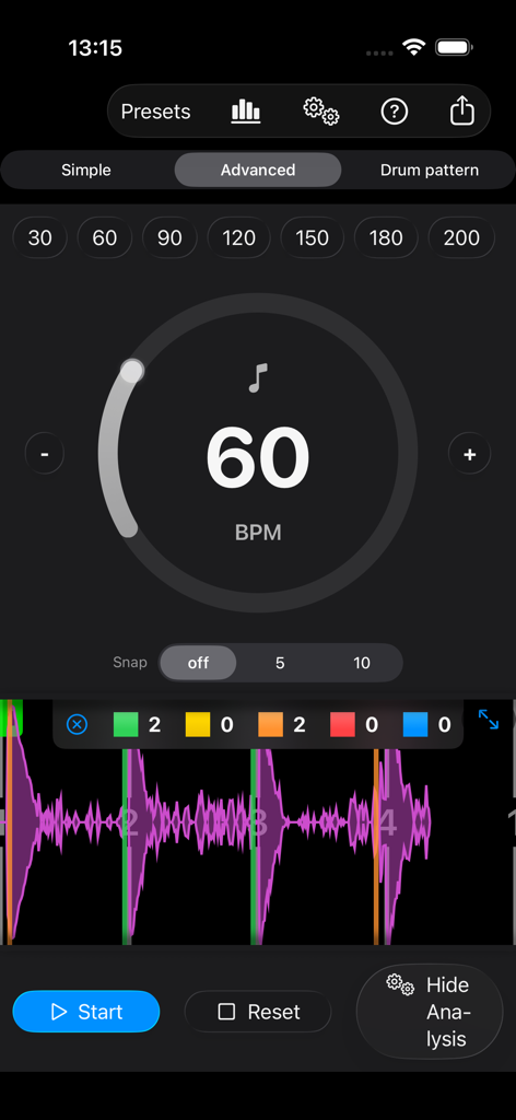 Perfect Timing - Perfect Timing app interface showing a 60 BPM metronome with advanced waveform timing analysis