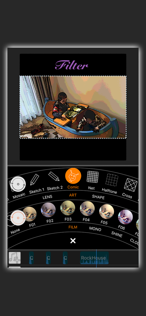 Interface de l'application MovieSpirit montrant un filtre de bande dessinée appliqué à une scène vidéo