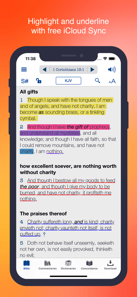 Smartphone screen showing the Bible KJV app with highlighted and underlined verses from 1 Corinthians 13