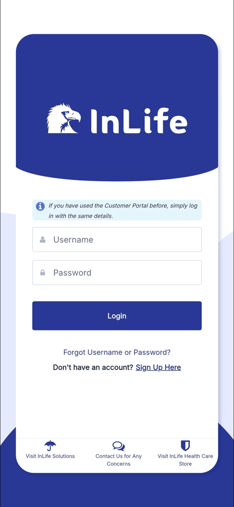 InLife App - InLife App login screen with username and password fields