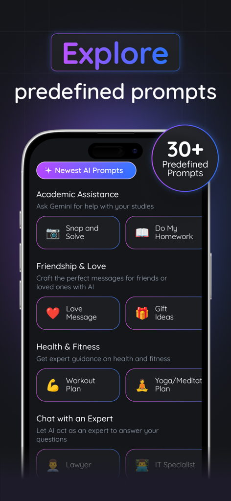 Gemmy AI: Chat & Assistant - Gemmy AI mobile interface displaying predefined prompt categories for academics, relationships, health, and career assistance.