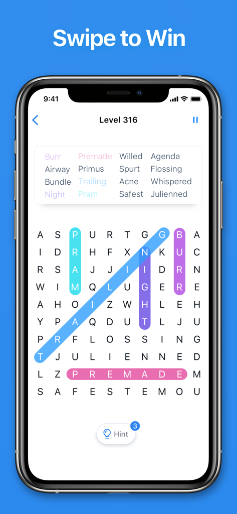Word Search - Crossword Game - Una cuadrícula de rompecabezas de sopa de letras con palabras resaltadas en la pantalla de un iPhone.