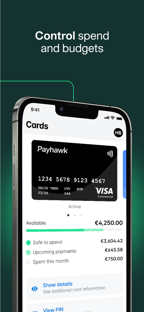 Interfaz de la app móvil Payhawk que muestra una tarjeta Visa corporativa con seguimiento de gastos y presupuesto en tiempo real