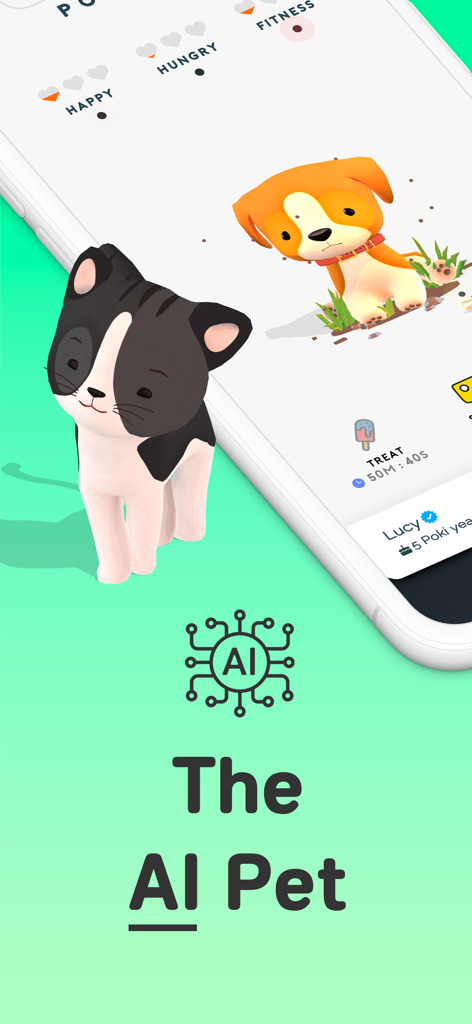 Pokipet - Raise virtual pets - A 3D virtual cat and dog in the Pokipet app interface with the text The AI Pet.