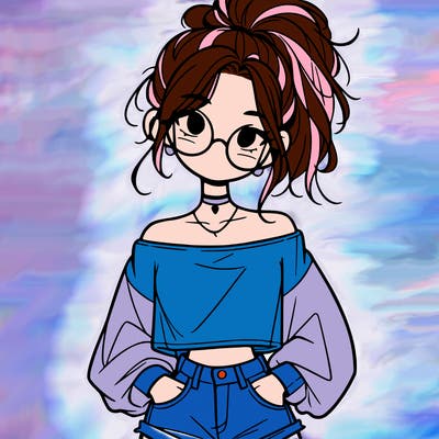 girl with a messy ponytail glasses a baggy crop top and jean shorts