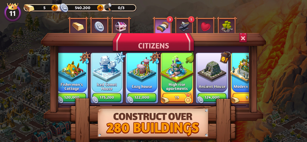 Fantasy Island: Sim Adventure - Ein Menü in Fantasy Island Sim Adventure, das verschiedene Haustypen wie Fischerhütte und Hochhauswohnungen zeigt, die zum Bauen verfügbar sind.