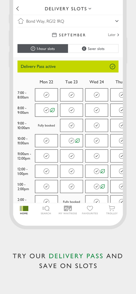 Waitrose app interface showing available delivery time slots for grocery orders.