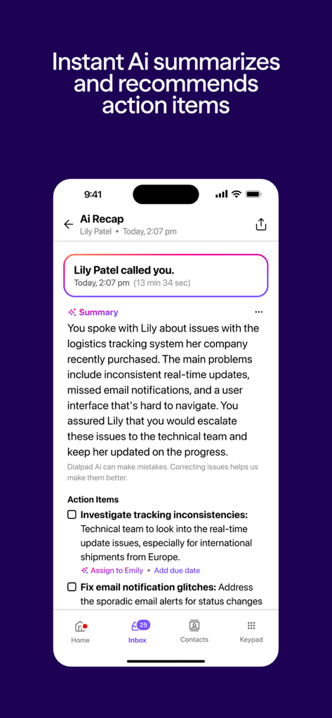 Dialpad - Dialpad app screen showing an AI generated call recap with a summary and recommended action items