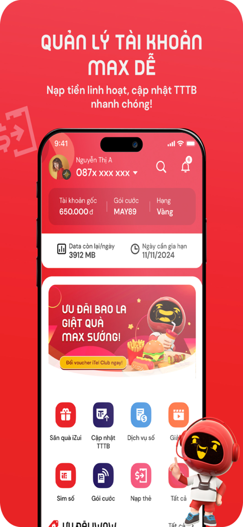 The My iTel mobile app dashboard showing account balance, remaining data, and menu options for top-up and rewards.