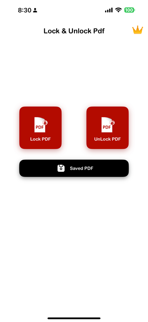Menu principal do aplicativo Lock and Unlock PDF mostrando opções para bloquear, desbloquear e acessar arquivos PDF salvos offline.