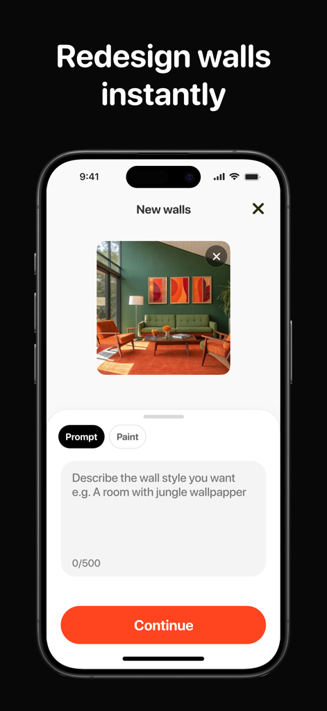 Screenshot of Casa AI app interface for redesigning walls using AI text prompts and paint options.