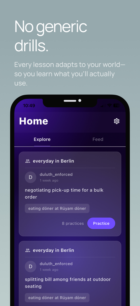 OGIMA Social Language Learning - OGIMA app screen showing language learning cards for real-world scenarios in Berlin like splitting a bill.