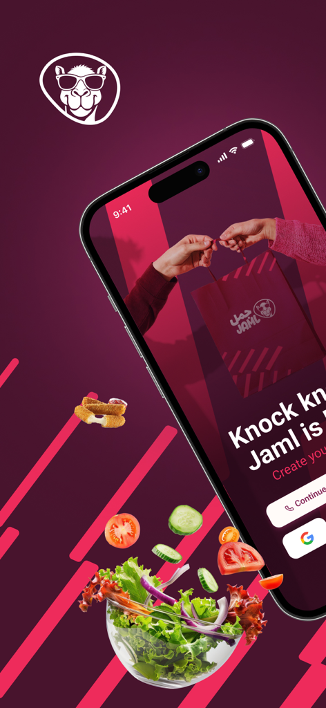 Jaml: Food, Order, Enjoy - Interfaccia dell'app di consegna cibo Jaml mostrata su uno smartphone con ingredienti per insalata fresca e una borsa per le consegne