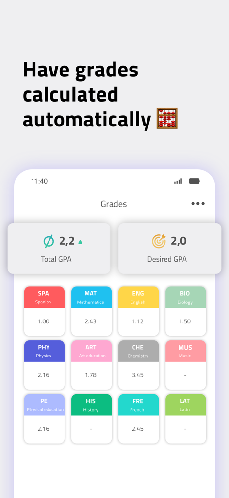 Smartphone-Bildschirm mit der Notenübersicht der scoolio Pro App mit Gesamt-GPA und Fachnoten.