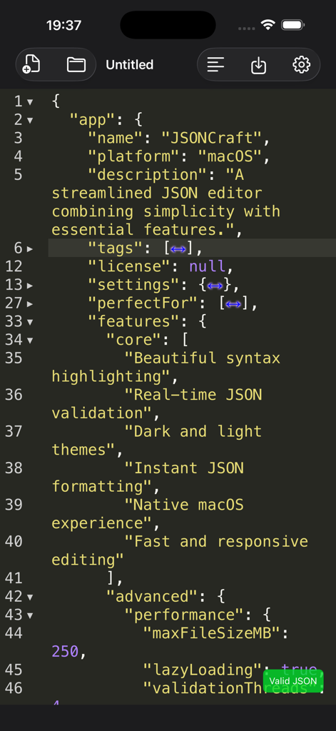 JSONCraft mobile interface showing JSON code with syntax highlighting and validation badge