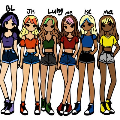 a group of girls wearing crop tops and shorts