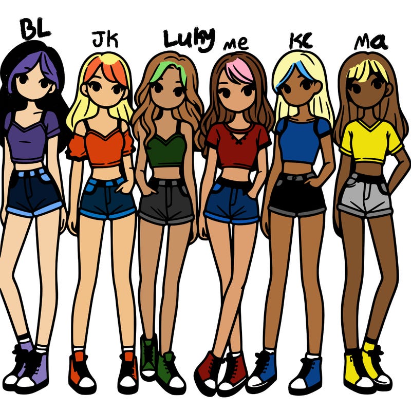 a group of girls wearing crop tops and shorts