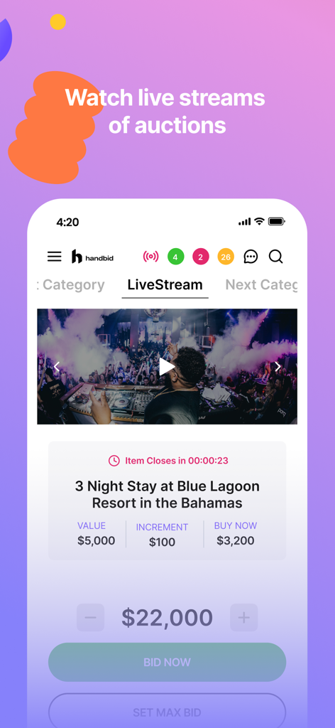Handbid - Handbid mobile app showing a live auction stream with bidding options for a luxury resort
