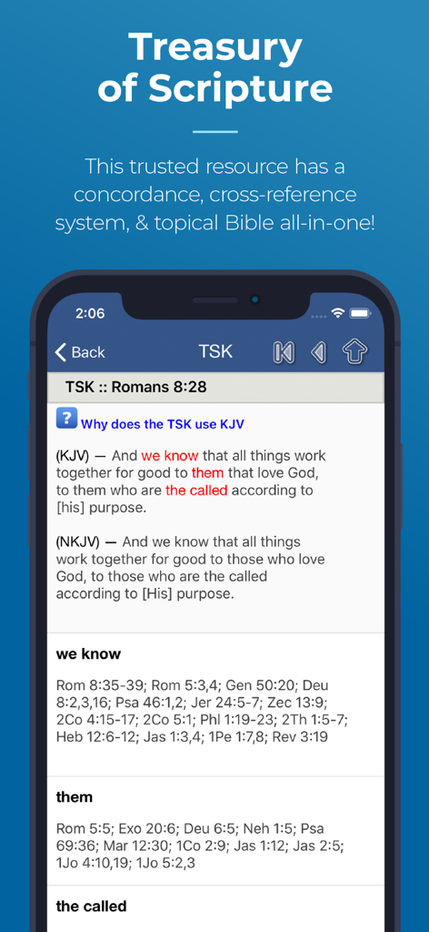 Blue Letter Bible - Blue Letter Bible app showing the Treasury of Scripture Knowledge for Bible cross-references.