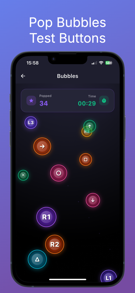 SensePad: Gamepad Tester - SensePad app screen showing an interactive bubble popping game for testing controller button inputs