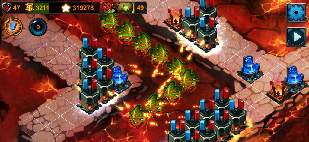 Strategic tower placement and enemy waves on a lava map in Element TD.
