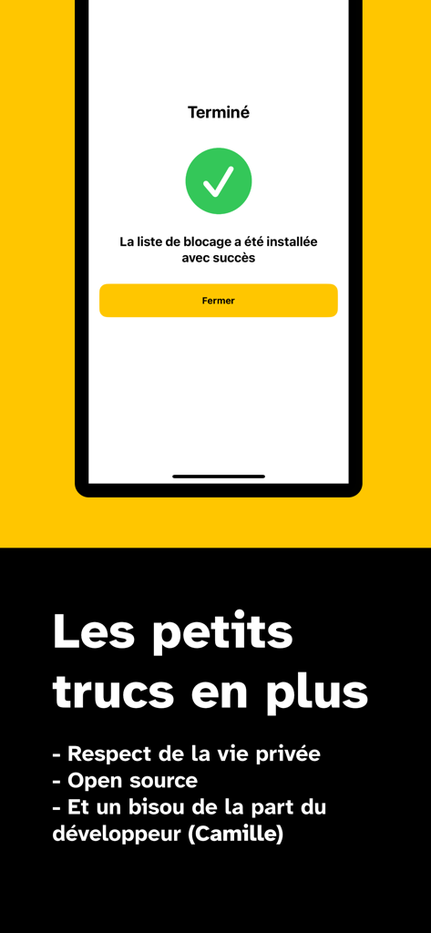 Saracroche : bloqueur d'appels - Saracroche app interface showing successful block list installation and its privacy-first features