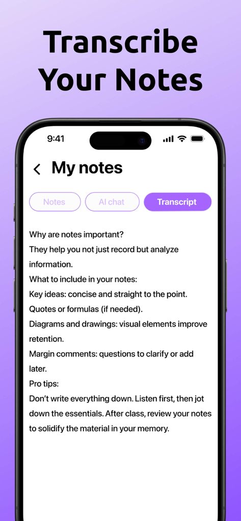 Un teléfono móvil mostrando una transcripción de texto de notas de audio en la aplicación AI Note Taker.