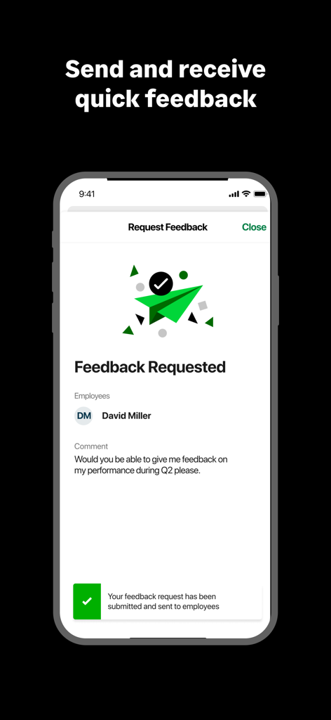 Interfaz de la aplicación Sage HR que muestra una pantalla de confirmación para una solicitud de comentarios enviada a un colega