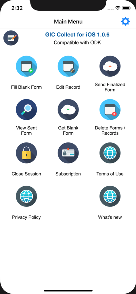 The main menu of GIC Collect app displaying icons for filling, editing, and sending data collection forms.