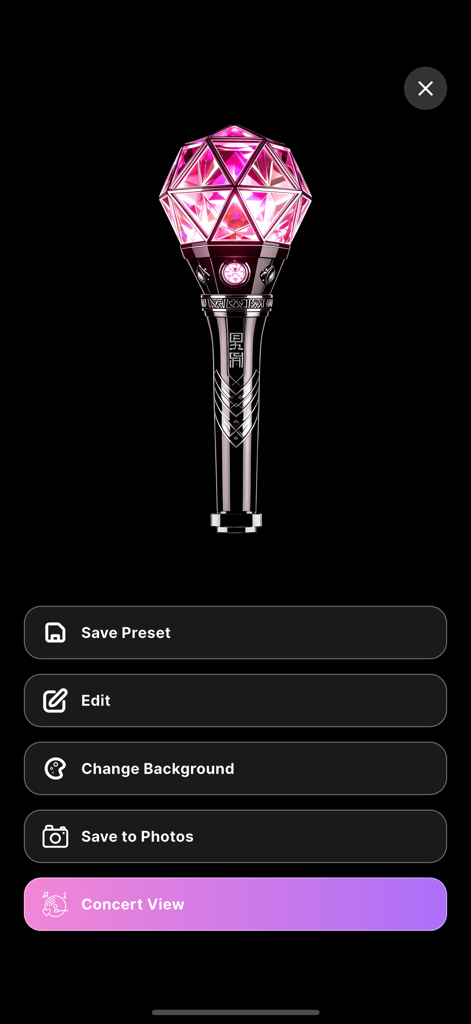Light Stick Creator - Digital pink light stick with options to save edit and enter concert view mode