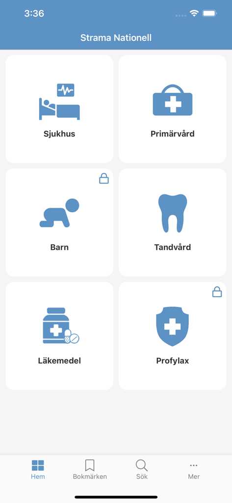 Strama Nationell - Strama Nationell medical app home screen showing clinical categories for antibiotic guidelines