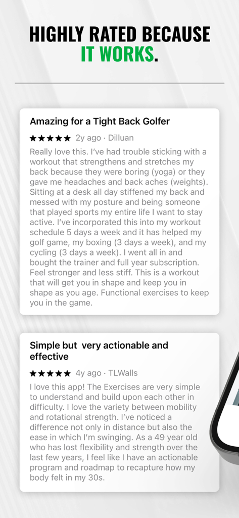 GOLFFOREVER - Five star user reviews for GOLFFOREVER golf fitness and pain relief app.