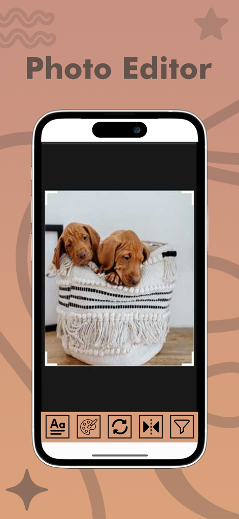 Pixel Lab Photo Editor interface showing editing tools and a photo of puppies