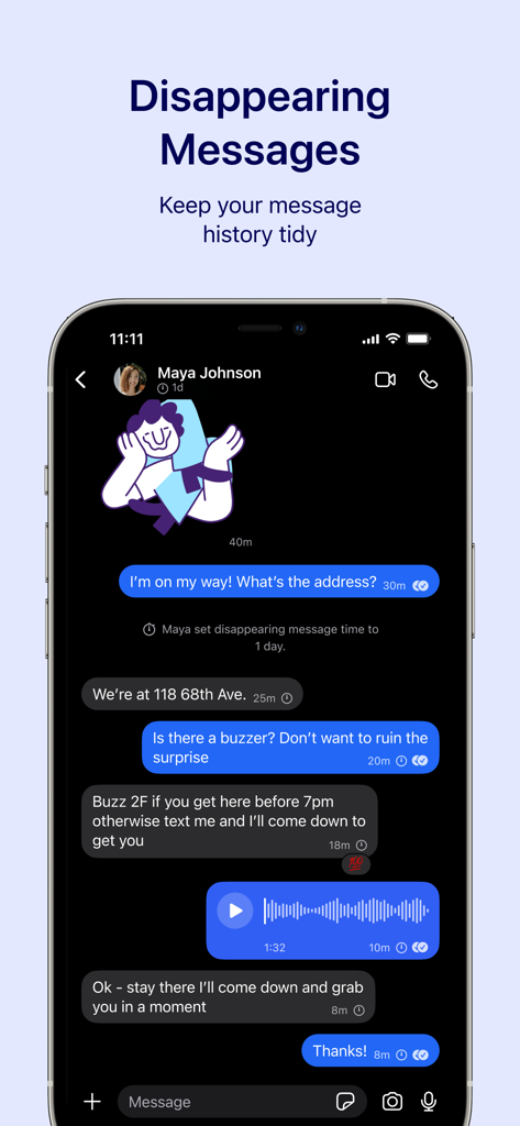 Uma tela de smartphone mostrando o aplicativo Signal private messenger com o recurso de mensagens que desaparecem ativo em um chat