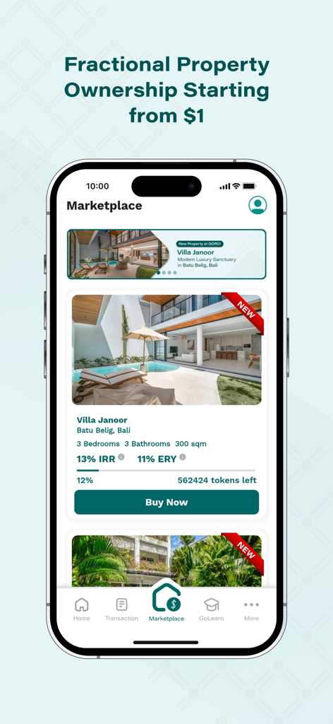 GORO app marketplace showing fractional property ownership options for luxury villas in Bali.