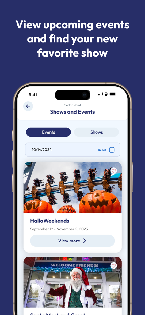 Six Flags mobile app screen displaying upcoming shows and events including HalloWeekends at Cedar Point