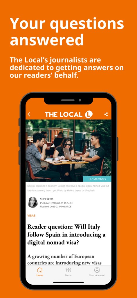 The Local - News in English - A smartphone displaying an article from The Local news app about digital nomad visas in Italy under a section titled Your questions answered
